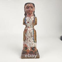 Hand Carved & Polychrome Folk Art Virgin Mary Antique Sculpture 13H