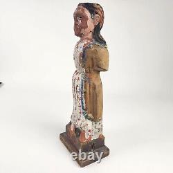 Hand Carved & Polychrome Folk Art Virgin Mary Antique Sculpture 13H