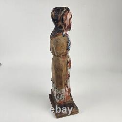 Hand Carved & Polychrome Folk Art Virgin Mary Antique Sculpture 13H