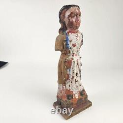 Hand Carved & Polychrome Folk Art Virgin Mary Antique Sculpture 13H