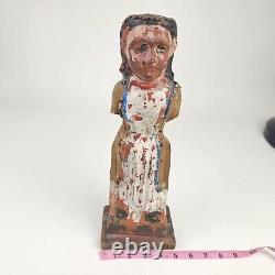 Hand Carved & Polychrome Folk Art Virgin Mary Antique Sculpture 13H