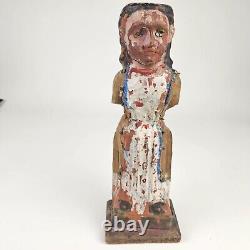 Hand Carved & Polychrome Folk Art Virgin Mary Antique Sculpture 13H