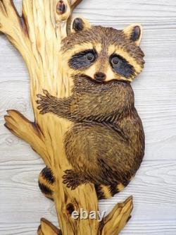 Hand Carved RACCOON CUB peeking around TREE Wall Art Kit Wood Carving chainsaw