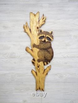 Hand Carved RACCOON CUB peeking around TREE Wall Art Kit Wood Carving chainsaw