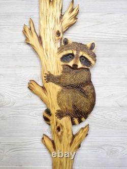 Hand Carved RACCOON CUB peeking around TREE Wall Art Kit Wood Carving chainsaw