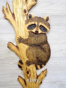 Hand Carved RACCOON CUB peeking around TREE Wall Art Kit Wood Carving chainsaw
