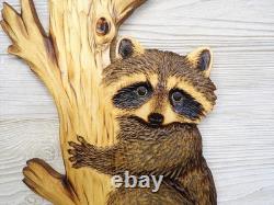 Hand Carved RACCOON CUB peeking around TREE Wall Art Kit Wood Carving chainsaw