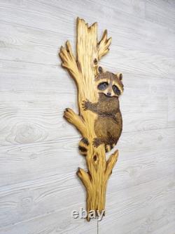 Hand Carved RACCOON CUB peeking around TREE Wall Art Kit Wood Carving chainsaw