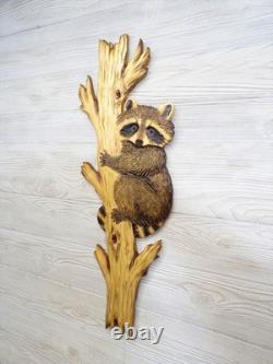 Hand Carved RACCOON CUB peeking around TREE Wall Art Kit Wood Carving chainsaw