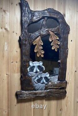 Hand Carved Raccoons and Leaves In Tree Wall Mirror Chainsaw Folk Art Carving