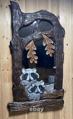 Hand Carved Raccoons and Leaves In Tree Wall Mirror Chainsaw Folk Art Carving