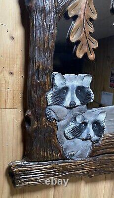 Hand Carved Raccoons and Leaves In Tree Wall Mirror Chainsaw Folk Art Carving