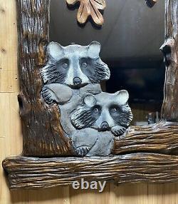 Hand Carved Raccoons and Leaves In Tree Wall Mirror Chainsaw Folk Art Carving