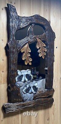 Hand Carved Raccoons and Leaves In Tree Wall Mirror Chainsaw Folk Art Carving