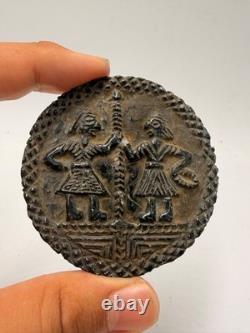 Hand Carved Roman Stone Prestige Bowl Lid Tribal Couple Relief Folk Art