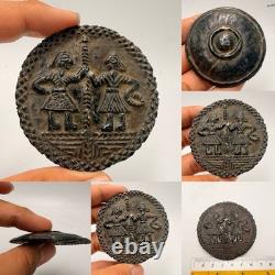 Hand Carved Roman Stone Prestige Bowl Lid Tribal Couple Relief Folk Art