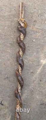 Hand Carved Vine Walking Stick Snake Folk Art BB Eyes Spider Web 41 Cane