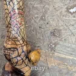 Hand Carved Vine Walking Stick Snake Folk Art BB Eyes Spider Web 41 Cane