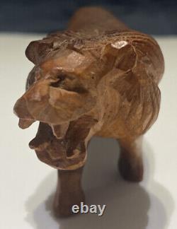 Hand Carved Vintage Wood Lion Folk Art Figurine Sculpture European