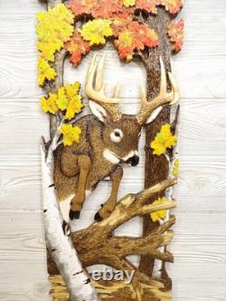 Hand Carved WHITETAIL BUCK jump Wall Art Wood Carving White-tailed Deer chainsaw
