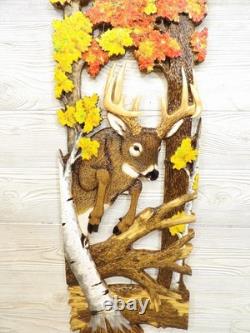 Hand Carved WHITETAIL BUCK jump Wall Art Wood Carving White-tailed Deer chainsaw