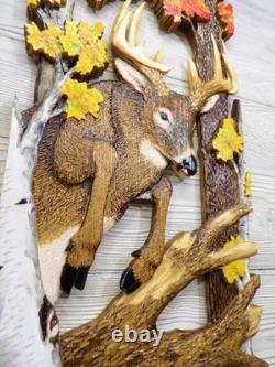 Hand Carved WHITETAIL BUCK jump Wall Art Wood Carving White-tailed Deer chainsaw