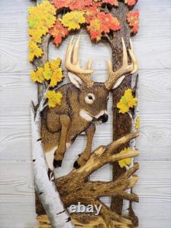Hand Carved WHITETAIL BUCK jump Wall Art Wood Carving White-tailed Deer chainsaw