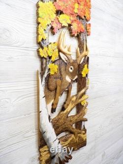 Hand Carved WHITETAIL BUCK jump Wall Art Wood Carving White-tailed Deer chainsaw