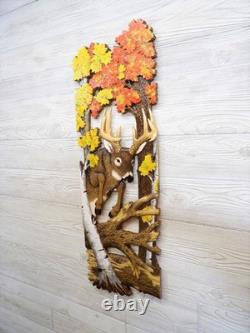 Hand Carved WHITETAIL BUCK jump Wall Art Wood Carving White-tailed Deer chainsaw