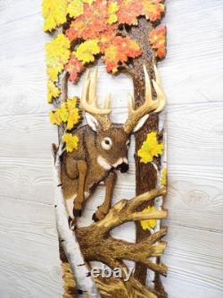 Hand Carved WHITETAIL BUCK jump Wall Art Wood Carving White-tailed Deer chainsaw
