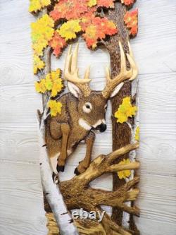 Hand Carved WHITETAIL BUCK jump Wall Art Wood Carving White-tailed Deer chainsaw
