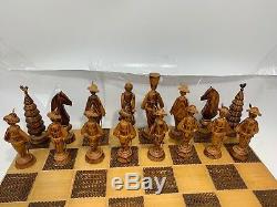 Hand Carved Wood British Chess Set Folk Art Figures Trusty Cane Christmas Tree