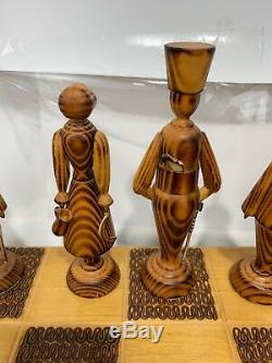 Hand Carved Wood British Chess Set Folk Art Figures Trusty Cane Christmas Tree