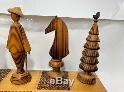 Hand Carved Wood British Chess Set Folk Art Figures Trusty Cane Christmas Tree