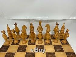 Hand Carved Wood British Chess Set Folk Art Figures Trusty Cane Christmas Tree