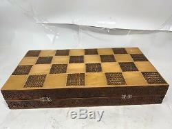 Hand Carved Wood British Chess Set Folk Art Figures Trusty Cane Christmas Tree