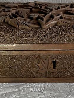 Hand Carved Wood Folk Art Hinged Lidded Decorative Jewelry Trinket Box Vintage
