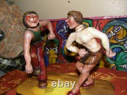 Hand Carved Wood Folk Art Sculpture Artist Signed dancers dancing carving 1976