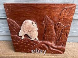 Hand Carved Wood Mountain Goat Folk Art Hanging Wall Plaque Rustic Primitive