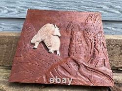 Hand Carved Wood Mountain Goat Folk Art Hanging Wall Plaque Rustic Primitive