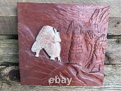Hand Carved Wood Mountain Goat Folk Art Hanging Wall Plaque Rustic Primitive