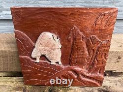 Hand Carved Wood Mountain Goat Folk Art Hanging Wall Plaque Rustic Primitive