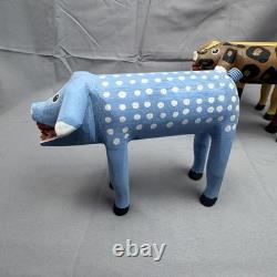 Hand Carved Wood Pig Sculptures Set of 3 Folk Art Painted Signed DP 2007-2010