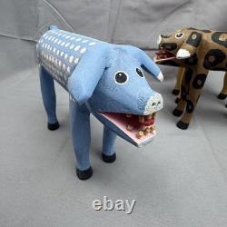 Hand Carved Wood Pig Sculptures Set of 3 Folk Art Painted Signed DP 2007-2010