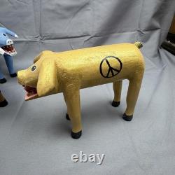 Hand Carved Wood Pig Sculptures Set of 3 Folk Art Painted Signed DP 2007-2010