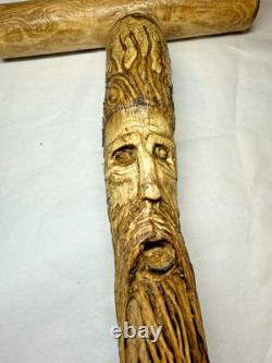 Hand Carved Wood Spirit Wizard Walking Stick Cane 46 T Handle Folk Art Unique
