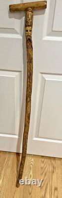 Hand Carved Wood Spirit Wizard Walking Stick Cane 46 T Handle Folk Art Unique