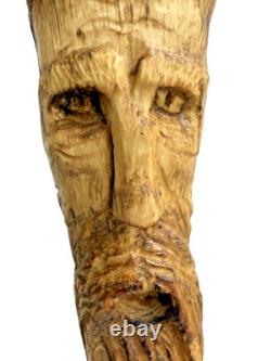 Hand Carved Wood Spirit Wizard Walking Stick Cane 46 T Handle Folk Art Unique
