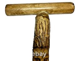 Hand Carved Wood Spirit Wizard Walking Stick Cane 46 T Handle Folk Art Unique