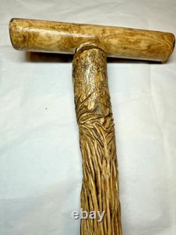 Hand Carved Wood Spirit Wizard Walking Stick Cane 46 T Handle Folk Art Unique